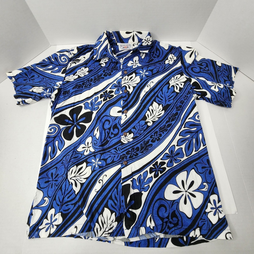 Pacific Legend Apparel Hawaiian Shirt Mens Flowers Sz M Blue Short Sleeve Button